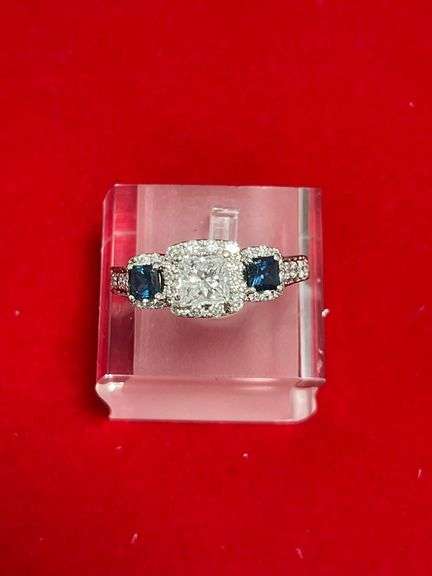 CERTIFIED 14K HITE GOLD DIAMOND AND SAPPHIRE RING