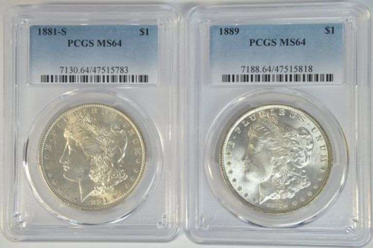 Nearly Gem BU 1881-S & 1889-P Morgan Silver Dollars. PCGS MS64