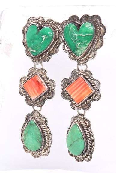 Vintage 925 sterling silver signed turquoise and coral dangle earrings