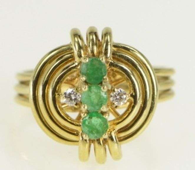14K Yellow Gold Emerald Diamond Layered Geometric Ring