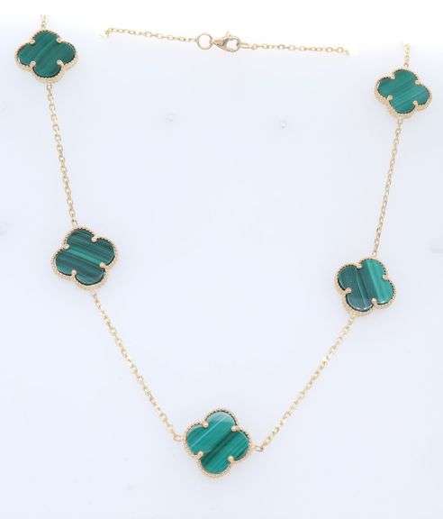 14kt Yellow Gold 5 Clover Malachite Necklace