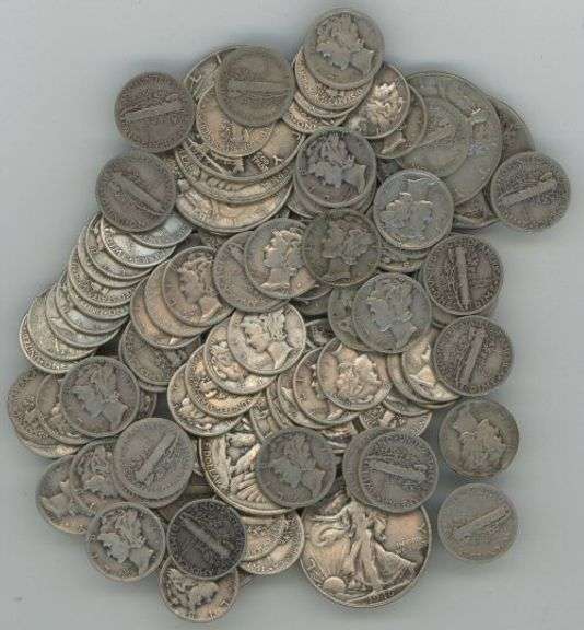 Vintage lot of 100 Silver Mercury Head Dimes & 10 Walking Liberty Halves
