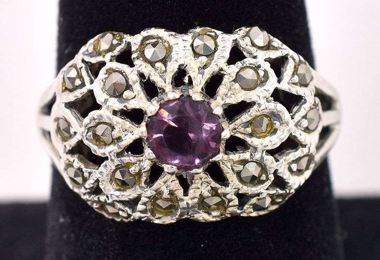 Sterling Silver Amethyst and Marcasite Gem Ring