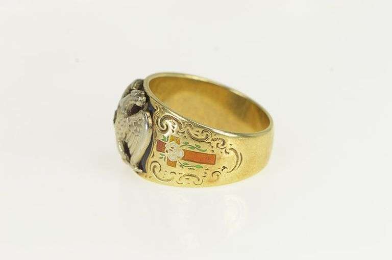 14K Yellow Gold Masonic 32nd Degree Eagle Enamel Ring