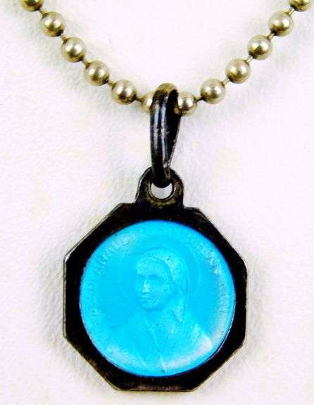 French Blue Enamel Madonna Pendant & Sterling Chain