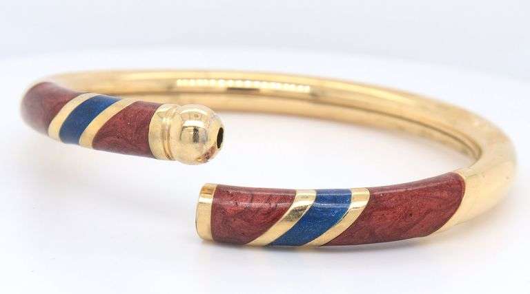 Incredible 18kt Yellow Gold Red and Blue Enamel Bangle Bracelet