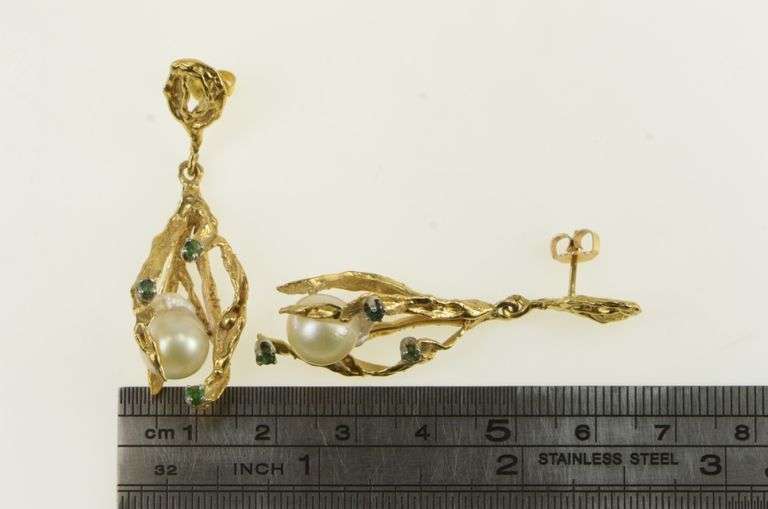 14K Yellow Gold Pearl Emerald Ornate Branch Dangle Earrings