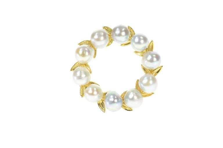 14K Yellow Gold Light Blue Pearl Wreath Statement Pin/Brooch