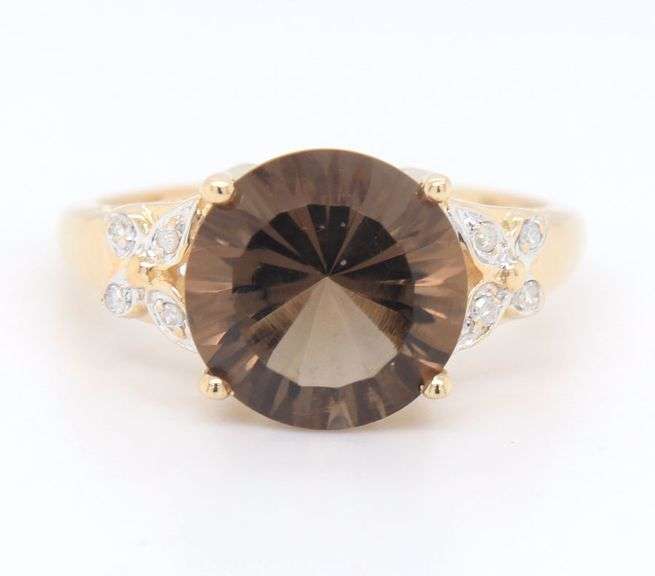 14kt Yellow gold smoky quartz and diamond accent ring