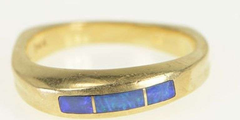 14K Yellow Gold Black Opal Inlay Squared Band Ring