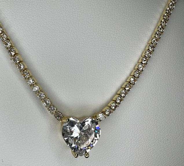 Beautiful Simulated Diamond 14 Kt Yellow Gold Plated Heart Necklace