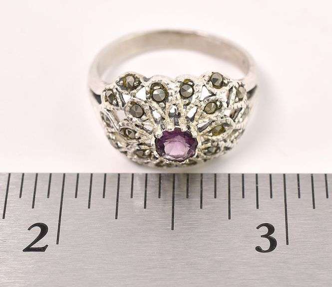 Sterling Silver Amethyst and Marcasite Gem Ring