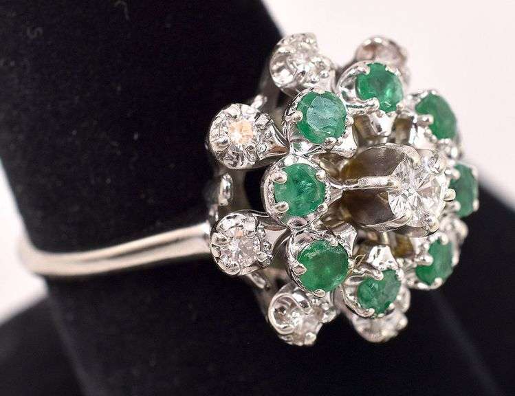 Colorful 14K White Gold Diamond and Emerald Ring
