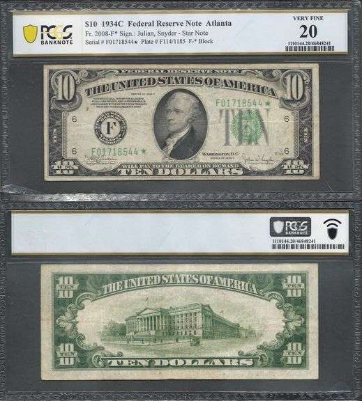 $10 1934-C FRN Fr.2008-F* STAR NOTE PCGS BN VERY FINE 20