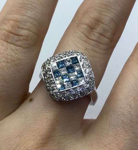 ONE OF A KIND 14K WHITE GOLD PRINCESS AND ROUND CUT BLUE AND WHITE DIAMOND COCKTAIL RING