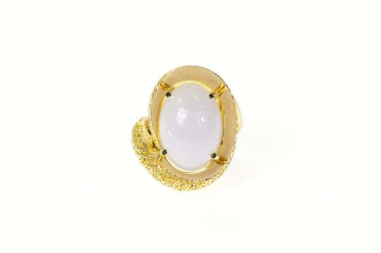 14K Yellow Gold Pale Blue Agate Cabochon Swirl Statement Ring