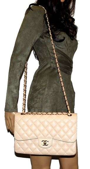 CHANEL  Caviar Quilted in Beige Jumbo Double Flap Handbag w/ Box & Dustbag