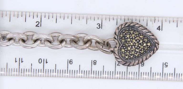 Italian Vintage 925 Sterling Silver Bracelet with Macasite Heart Shaped Charm
