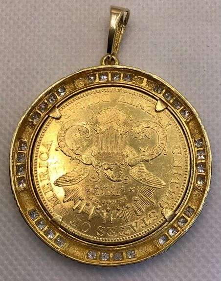 1904 GOLD COIN FRAMED IN 14K YELLOW GOLD AND ROUND BRILLIANT DIAMONDS