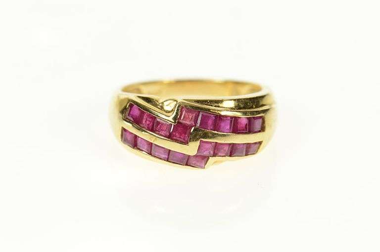 14K Yellow Gold Princess Natural Ruby Encrusted Band Ring