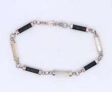 Vintage 925 Sterling Silver Black Onyx and Opal Link Bracelet