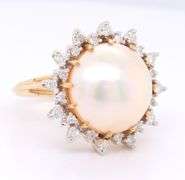 Powerful Mabe Pearl and Diamond Halo Ring in Yellow Gold