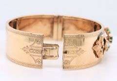 Antique 18kt Yellow Gold Emerald and Pearl Engraved Bangle Bracelet