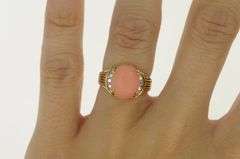 14K Yellow Gold Oval Coral Cabochon Vintage Diamond Ring