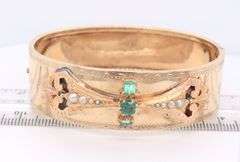 Antique 18kt Yellow Gold Emerald and Pearl Engraved Bangle Bracelet