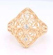 14kt Yellow gold 3 stone diamond filigree marquoise shaped ring