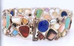 Vintage 925 Sterling Silver Signed Lapis, Turquoise, Coral and Pearl Wide Bracelet