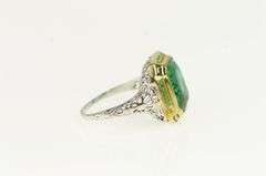 14K White Gold Art Deco Sim. Emerald Filigree Enamel Ring