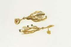 14K Yellow Gold Pearl Emerald Ornate Branch Dangle Earrings