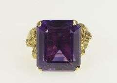 18K Yellow Gold Emerald Cut Amethyst Ornate Cocktail Ring