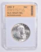 MS69 FBL 1950-P Franklin Silver Half Dollar Full Bell Lines SGS