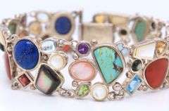 Vintage 925 Sterling Silver Signed Lapis, Turquoise, Coral and Pearl Wide Bracelet