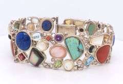 Vintage 925 Sterling Silver Signed Lapis, Turquoise, Coral and Pearl Wide Bracelet