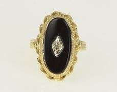 14K Yellow Gold Ornate Oval Black Onyx Diamond Ring