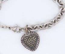 Italian Vintage 925 Sterling Silver Bracelet with Macasite Heart Shaped Charm