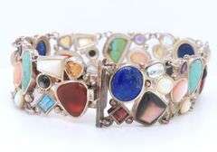 Vintage 925 Sterling Silver Signed Lapis, Turquoise, Coral and Pearl Wide Bracelet