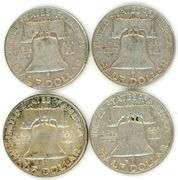 4 Different Silver Franklin Half Dollars: 1952-1963