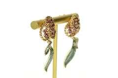 14K Yellow Gold Ornate Ruby Green Enamel Cherry Cluster Earrings