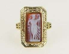 14K Yellow Gold Ornate Carved Shell Cameo Lady Filigree Ring