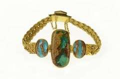 18K Yellow Gold Elaborate Turquoise Woven Braided Chain Bracelet