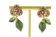 14K Yellow Gold Ornate Ruby Green Enamel Cherry Cluster Earrings
