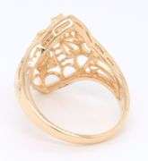 14kt Yellow gold 3 stone diamond filigree marquoise shaped ring