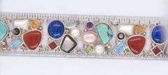 Vintage 925 Sterling Silver Signed Lapis, Turquoise, Coral and Pearl Wide Bracelet