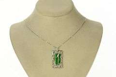 18K White Gold Jade Diamond Ornate Squared Vine Motif Pendant