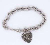 Italian Vintage 925 Sterling Silver Bracelet with Macasite Heart Shaped Charm