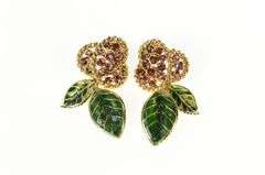 14K Yellow Gold Ornate Ruby Green Enamel Cherry Cluster Earrings